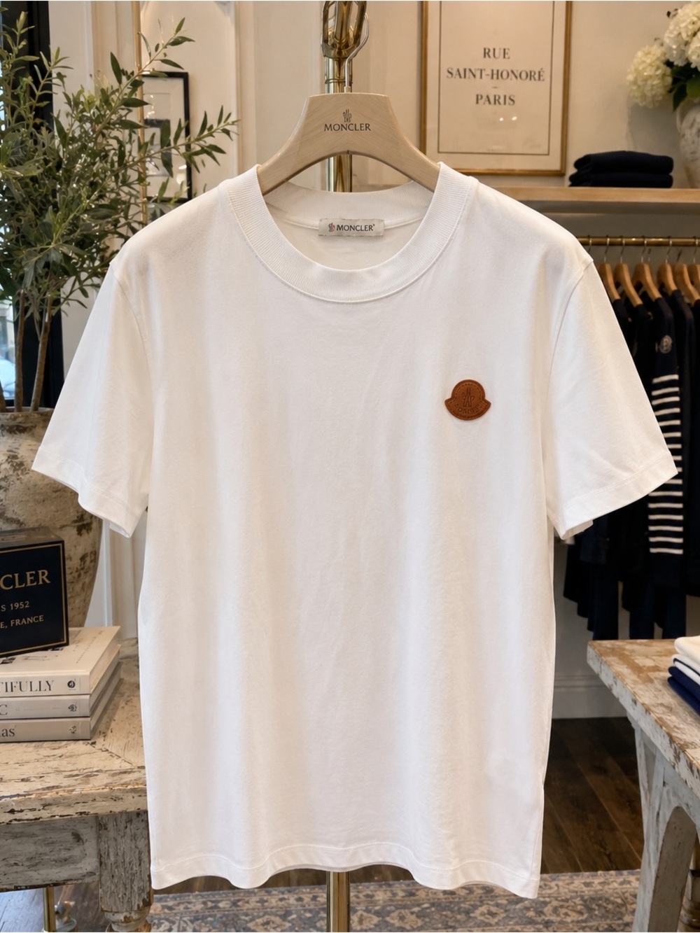 Moncler Made in France White Cotton T-Shirt Double Leather Logo Patch Men’s M